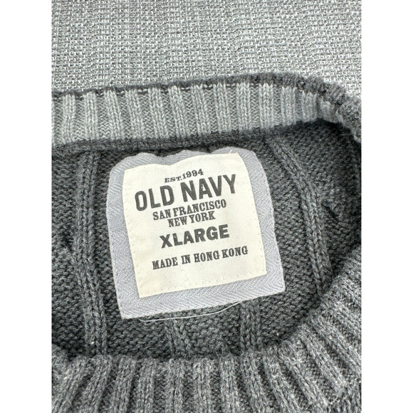 Vintage Old Navy Sweater Mens XL Grey Cable Knit Crew Neck Hong Kong Grandpa - Picture 2 of 8